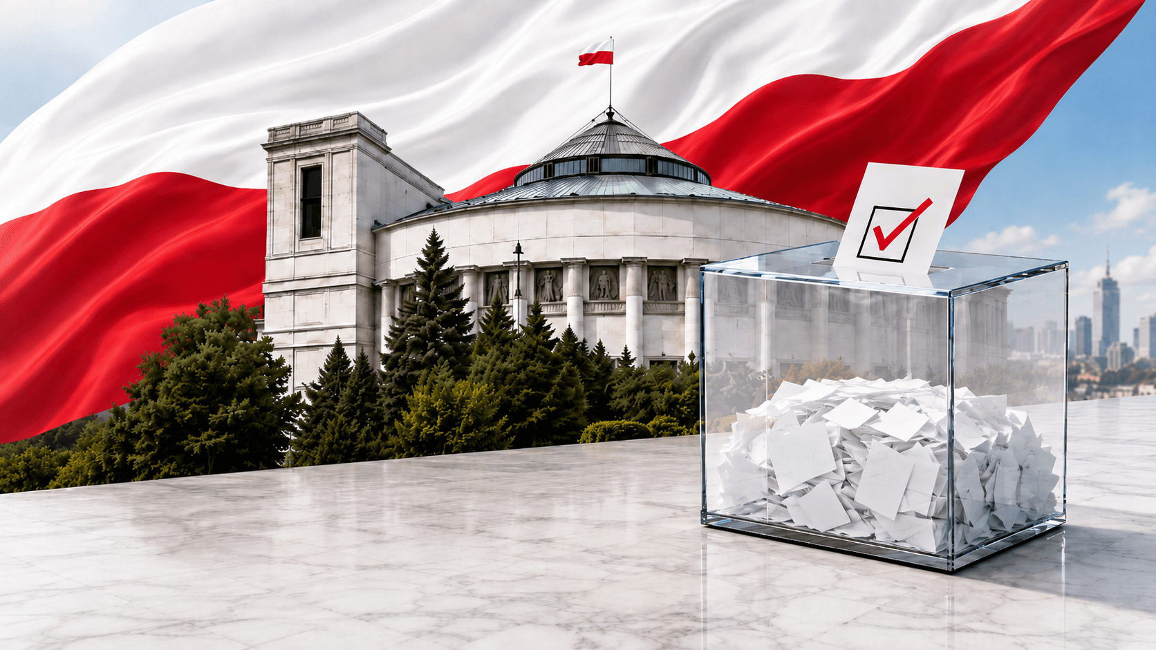 Budynek Sejmu RP na tle flagi Polski i urna wyborcza z kartą do głosowania